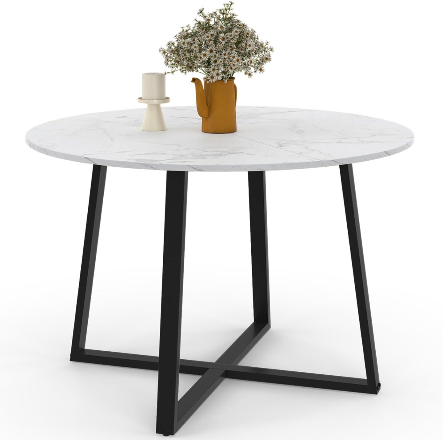 IDMarket - Runder Esstisch Selma 4-6 Personen Platte Marmoreffekt weiß Alaska und schwarz 110 cm