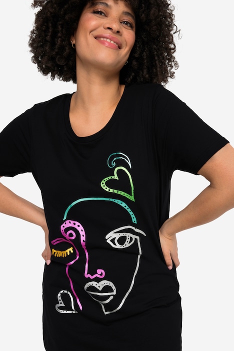T-Shirt, Metallic-Gesichts-Motiv, Rundhals, Halbarm