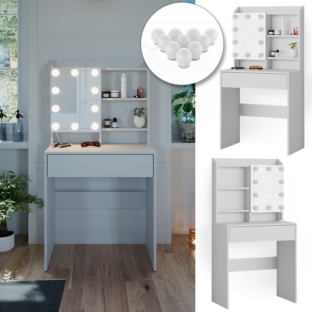 Vicco Schminktisch Frisiertisch Frisierkommode Laura Weiß LED 70x136 cm Spiegelschrank modern Schlafzimmer Kommode Schminkspiegel Schrank Schublade Kosmetiktisch Make-Up-Tisch