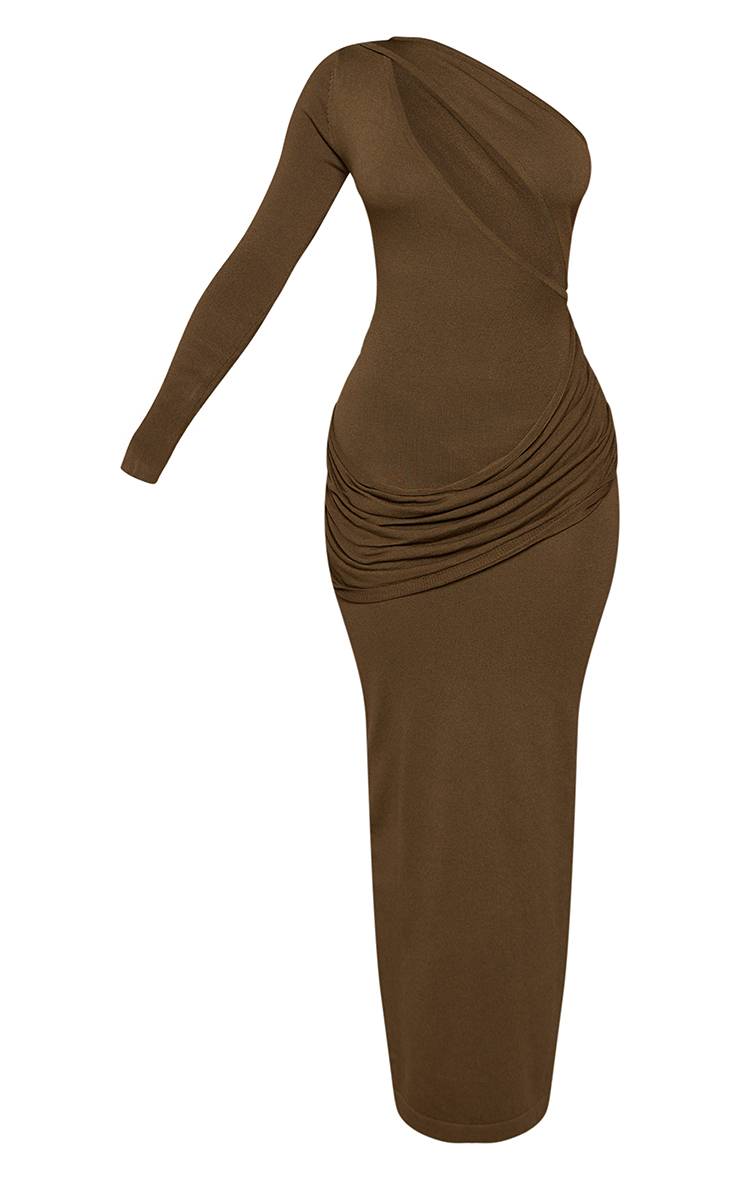 Vert Olive Robe Maxi Tricotée Petite Asymétrique À Manche Longue Et Taille Drapée