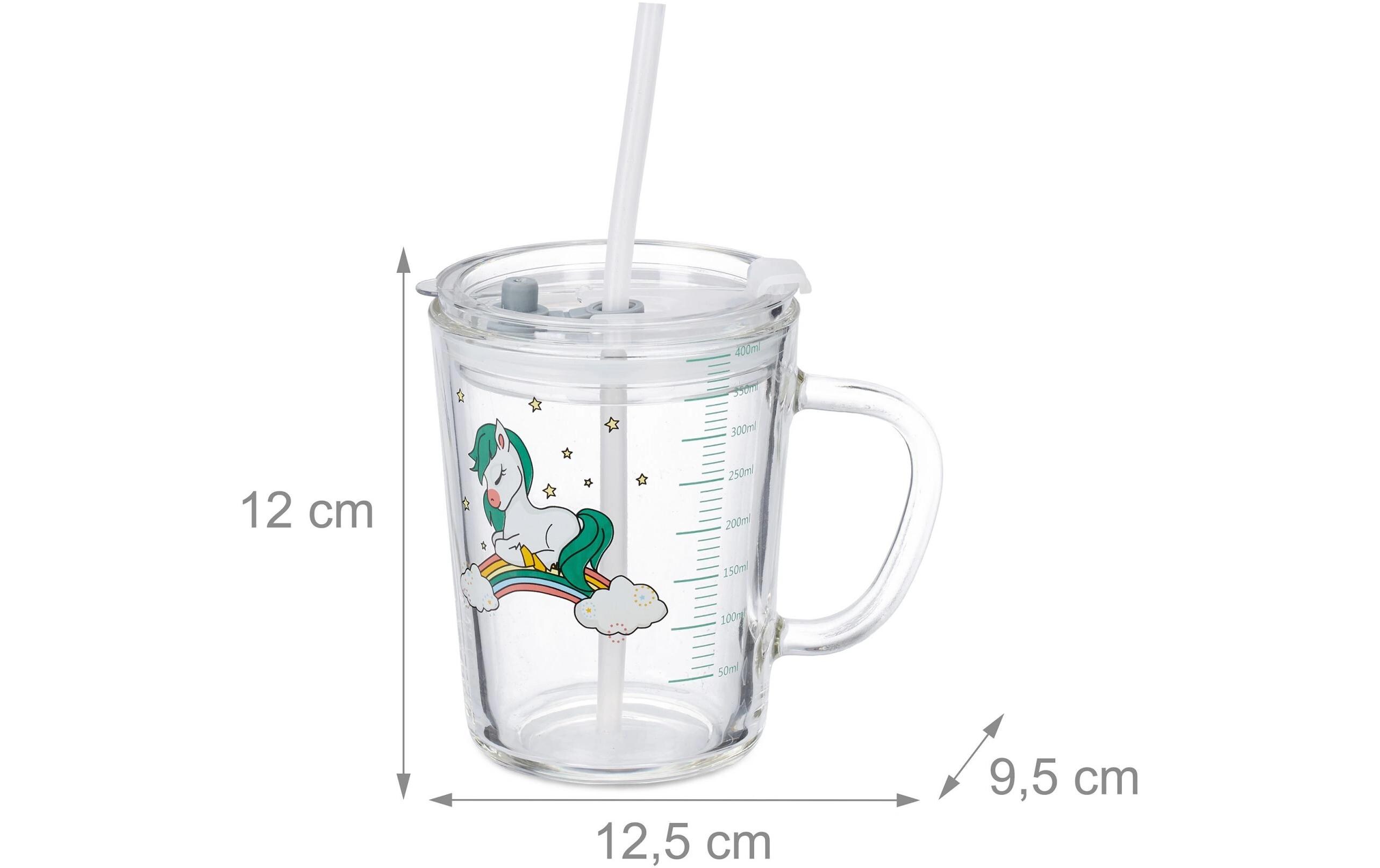 Kindertrinkglas 2 Stück, PferdemotivGlas mit Deckel und Strohhalm