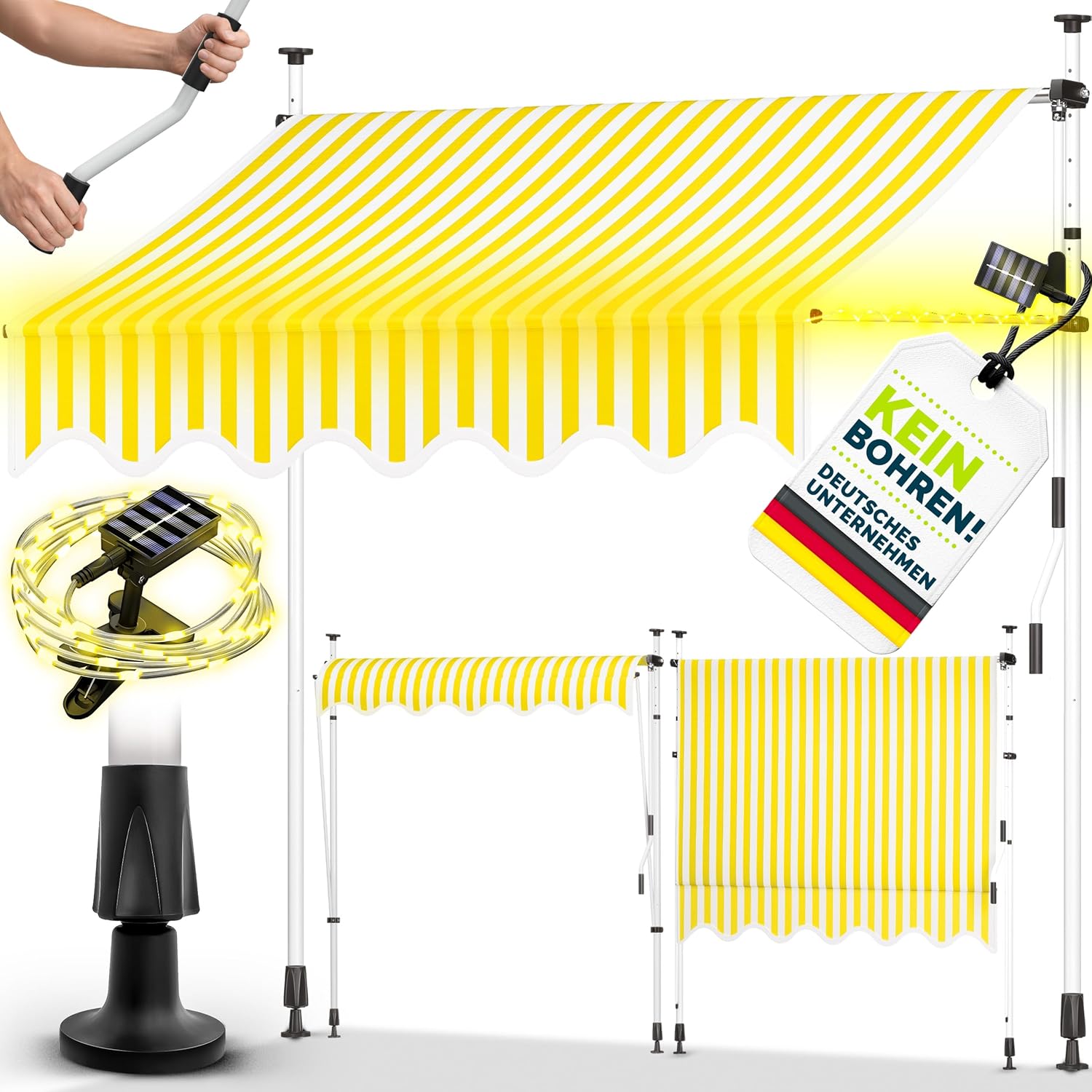 tillvex Klemmmarkise mit Handkurbel & LED Lichterkette Balkon | Balkonmarkise ohne Bohren | Markise UV-beständig & höhenverstellbar | Sonnenschutz Terrasse & Garten wasserdicht (Gelb-Weiß, 250cm)