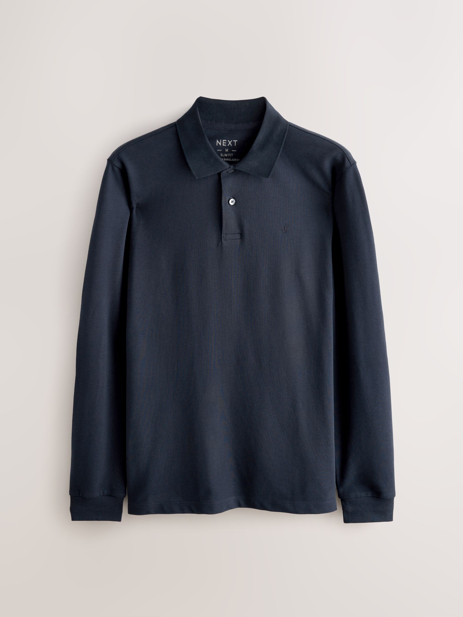 Donkerblauw - Slim Fit - Piqué polo met lange mouwen