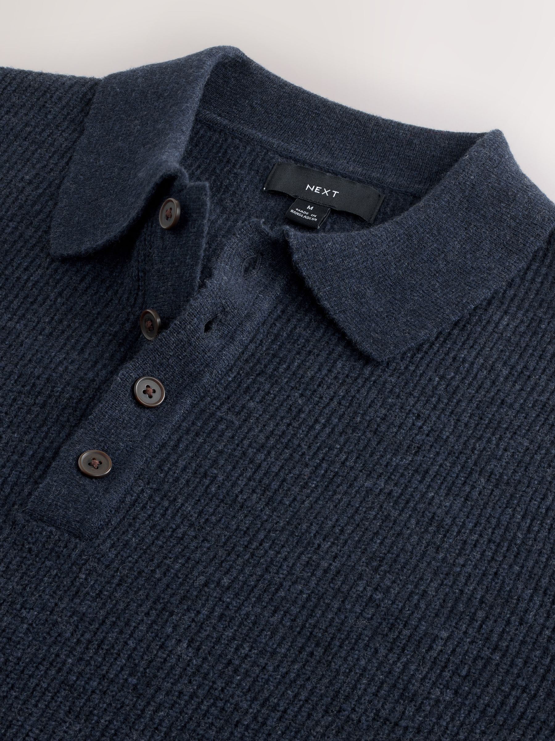 Donkerblauw - Regular-fit poloshirt met textuur, lange mouwen, wol en gebreid