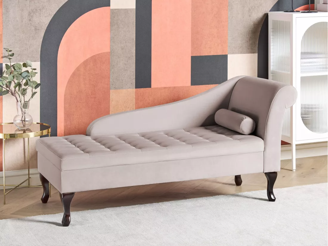 Chaise longue côté droit en velours beige clair avec rangement PESSAC