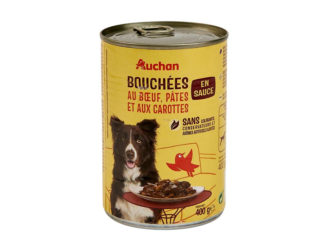 COMIDA HÚMIDA PARA CÃO AUCHAN PEDAÇOS EM MOLHO VACA E COM MASSA 400G