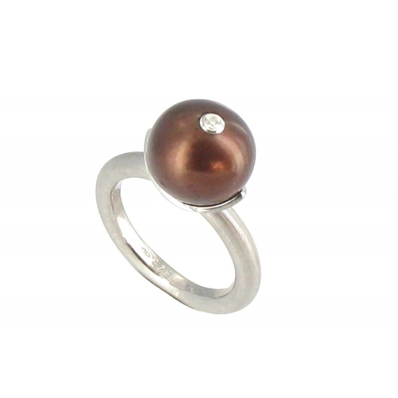 Bague Argent Rhodié Perle de Culture 11 mm Cuivrée et son Strass