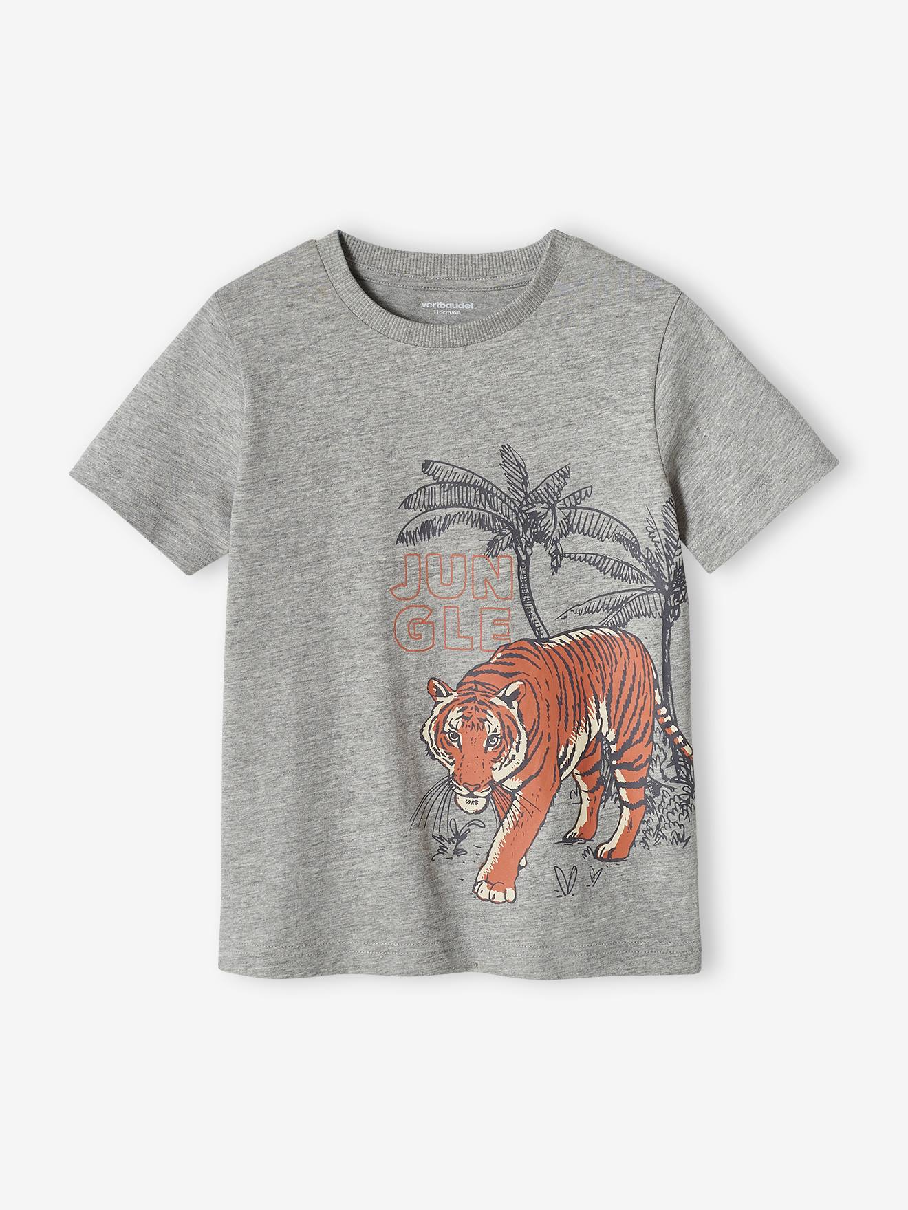 Camiseta infantil masculina em algodão orgânico com estampa de animais, verde salgueiro.