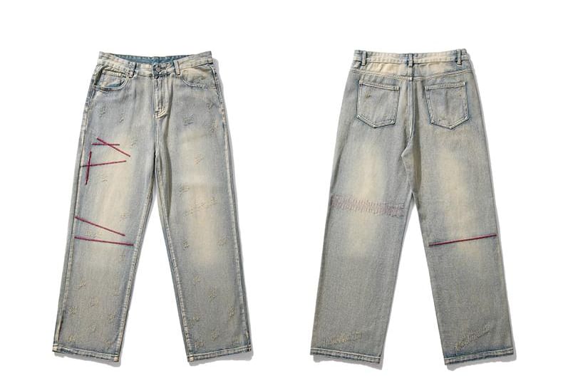 Nightbell - Mid Rise Distressed Washed Loose Fit Jeans