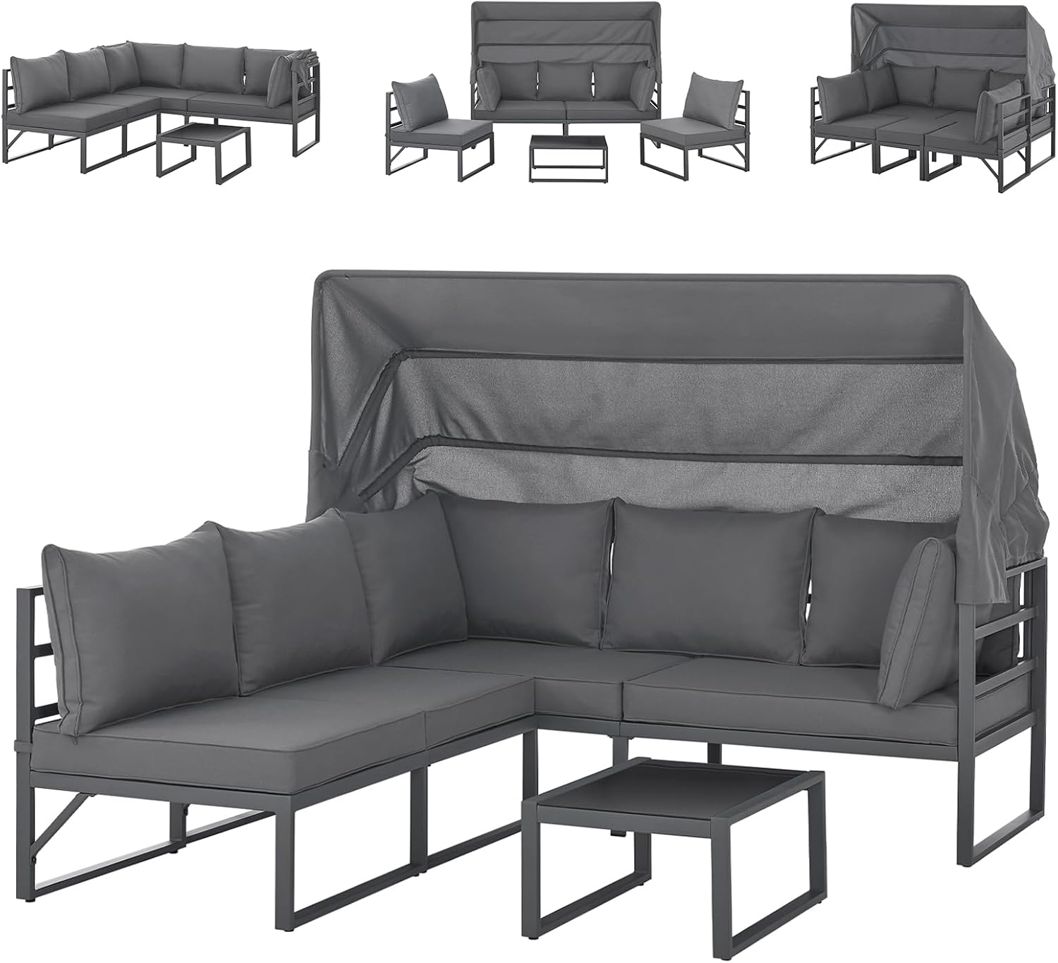 SVITA Maui Gartenmöbel-Lounge-Set mit Dach Outdoor-Sofa Strandkorb-Sonneninsel Stahl Grau