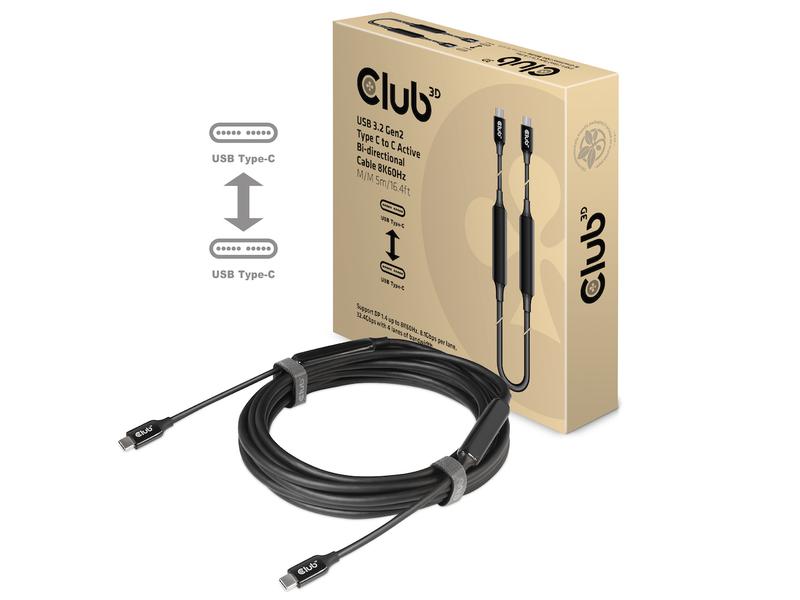 Club 3D Kabel USB Type-C - USB Type-C, 5 m, 8K60Hz USB 3.2 Gen2 Typ C auf C, aktives bidirektionales Kabel 8K60Hz