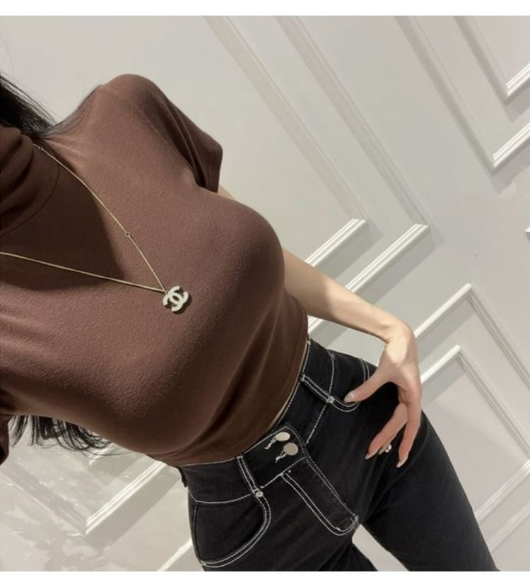 Leandra - T-shirt met korte mouwen en mockneck, effen