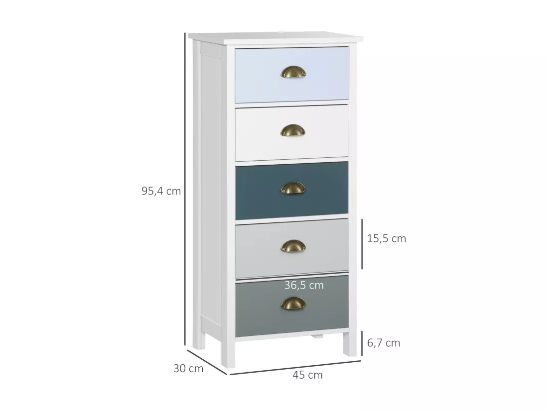 Meuble de rangement chiffonnier style néo-rétro 5 tiroirs poignées coquilles MDF blanc bleu gris