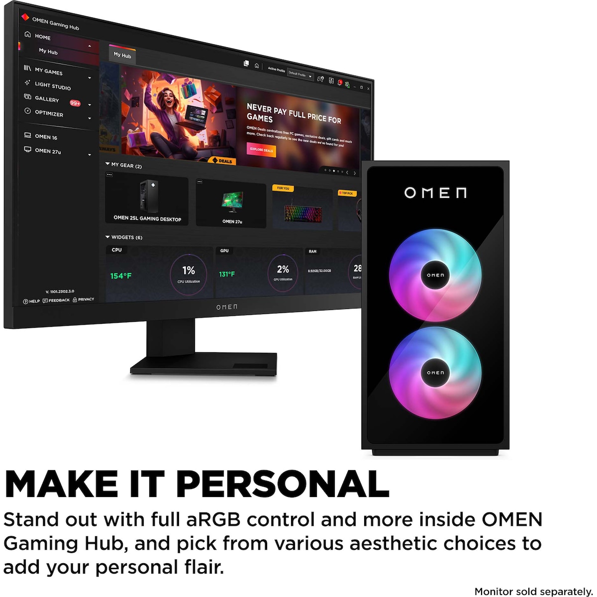 HP Omen 35L GT16-0804no i7-14F/16/1TB/4070S stasjonær gaming-PC