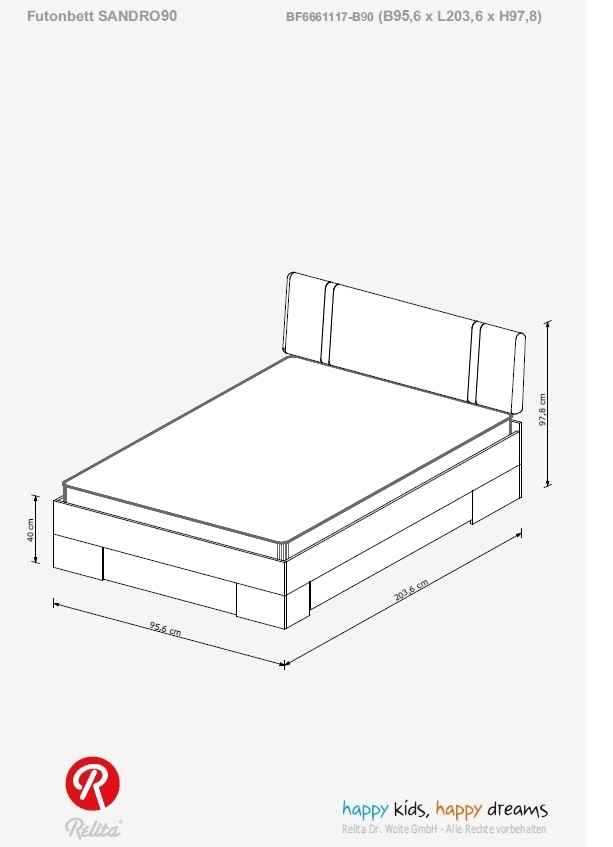 Relita - Futonbett SANDRO 90 x 200 cm Liegefläche mit Polsterkopfteil, inkl. Lattenrost, Ausführung Dekor Weiß