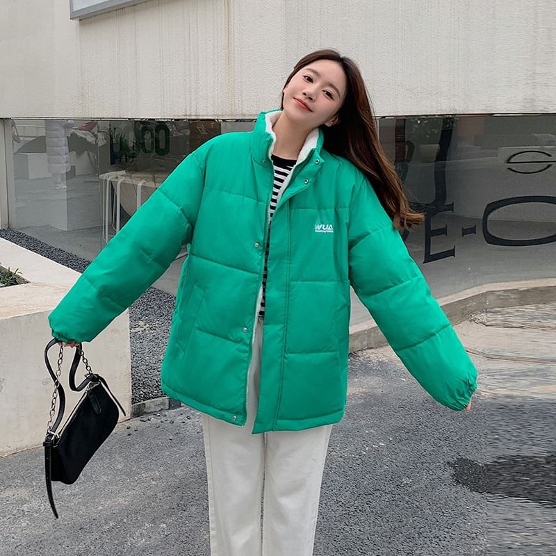 Quolove - Label Applique Fluffy Zip Jacket