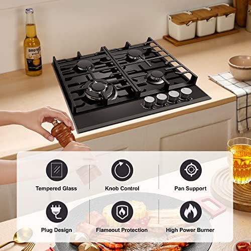 TopStrong Plaque de Cuisson Gaz 4 Feux, 60cm Plaque Gaz 4 Feux avec Sécurité Thermocouple, Cuisinière Encastrable, Naturel/Propane, 8060W, 220 240 V, Verre Noir : Gros électroménager