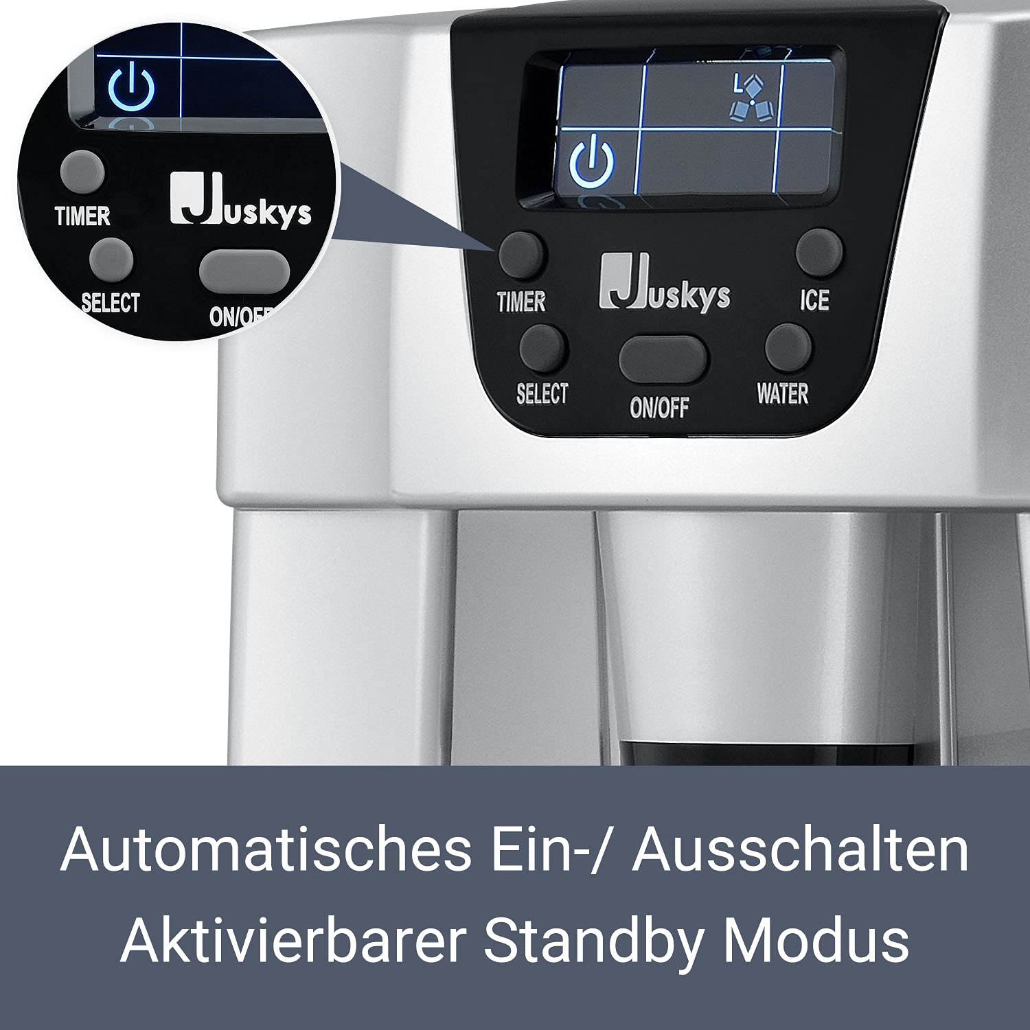 Juskys® Eiswürfelmaschine PIM200L mit 2in1 Direkt-Spender & Timer — bis 12kg / Tag, Eiswürfel in 6-10 Minuten, 2 Größen, 2L Tank — Eiswürfelbereiter silber