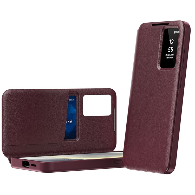 Samsung Galaxy A56 Leder Hülle Small Window View Flip Case Litchi Look - Dunkelrot