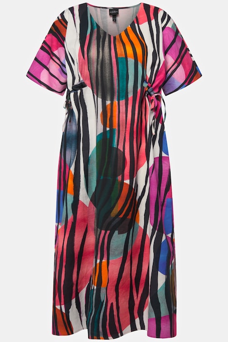 Midikleid, Leinenmix, A-Linie, V-Ausschnitt, Halbarm