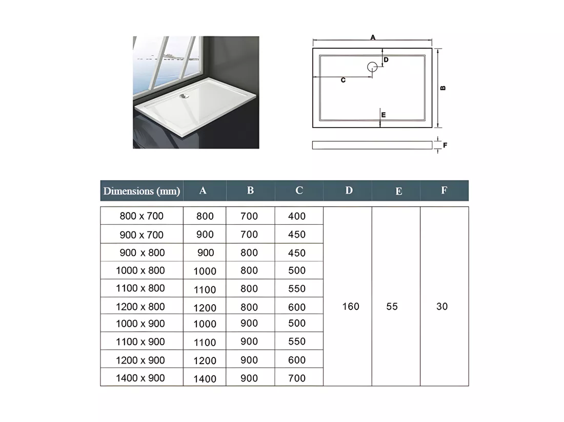 Receveur de douche blanc 90x80x3cm rectangulaire, extra-plat, gel coat, bac à douche anti-dérapant avec bonde de receveur et siphon 90cm