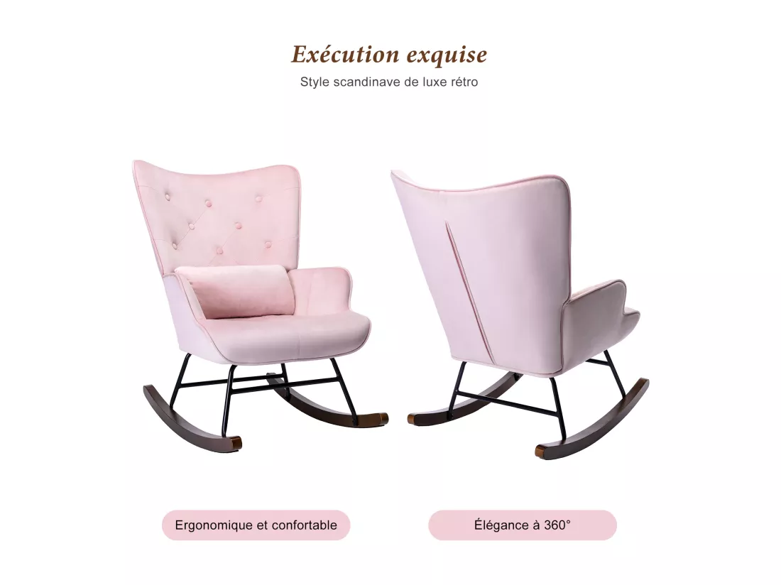 Fauteuil à Bascule Rembourré en Velours Moderne pour Salon, Chaise à Bascule à Dossier Haut avec Pieds en Bois, Rose