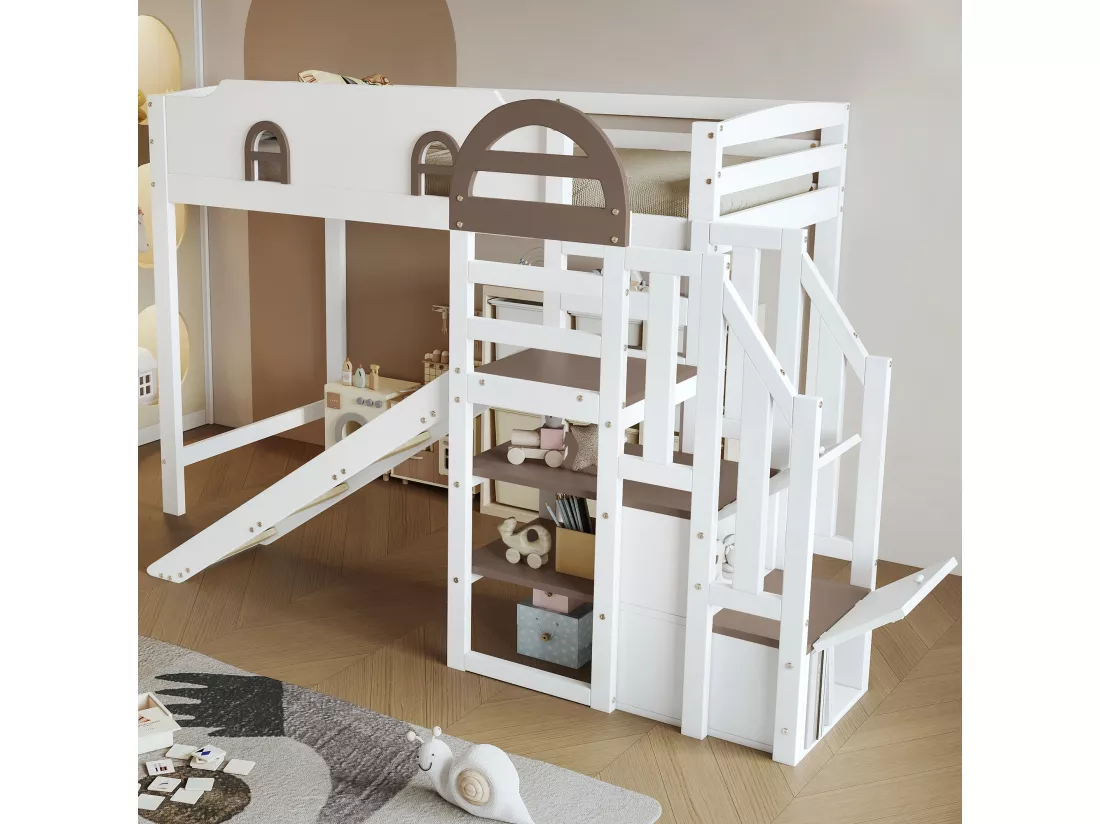 Lit mezzanine pour enfant - 90 x 200 cm - avec toboggan et fenêtre - 2 rangements dans l'escalier - pin+MDF - blanc+marron