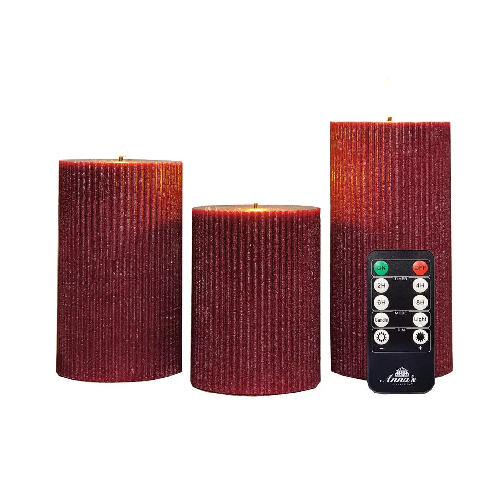 Anna Collection LED stompkaarsen - 3x - bordeaux rood - ribbel