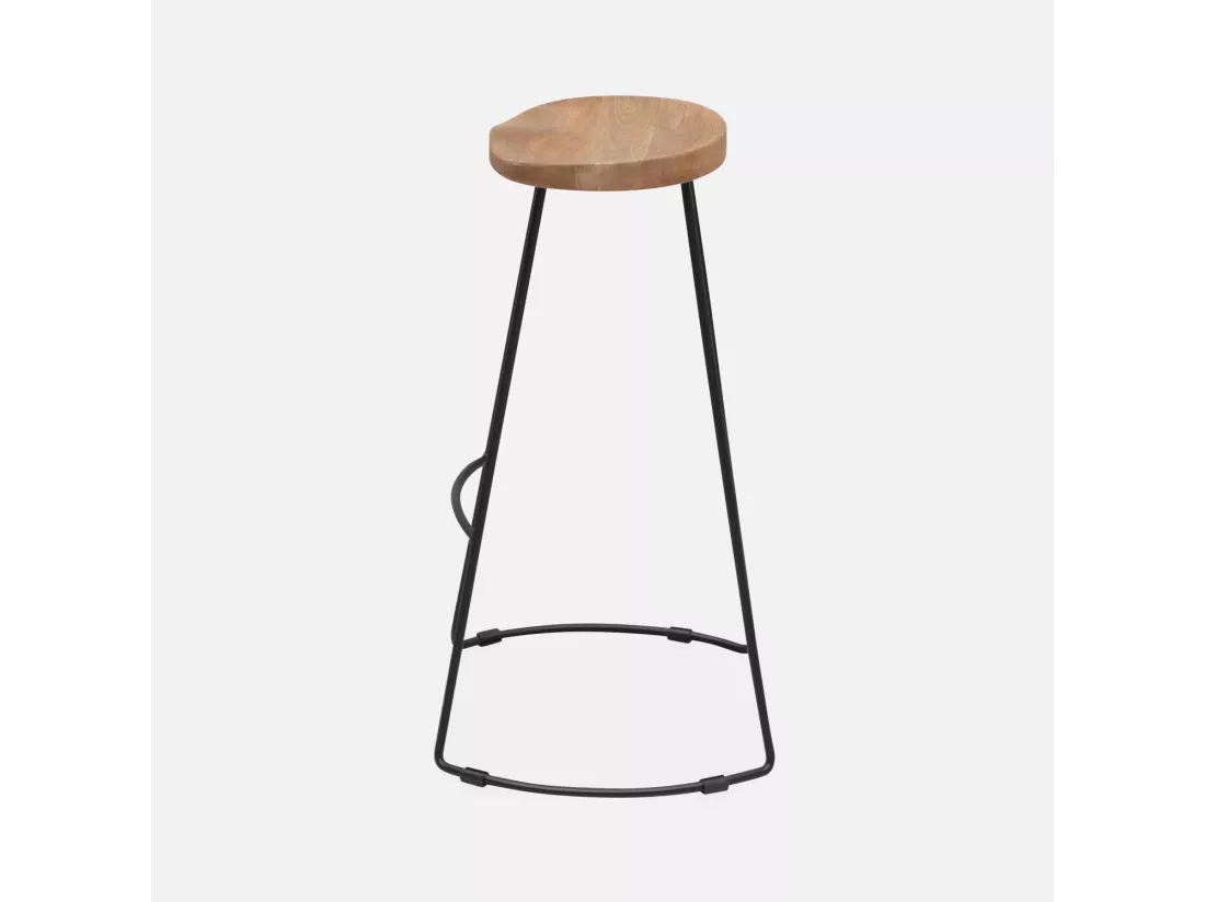 Lot de 2 tabourets de bar bois de manguier naturel et acier. avec repose pieds. 75cm