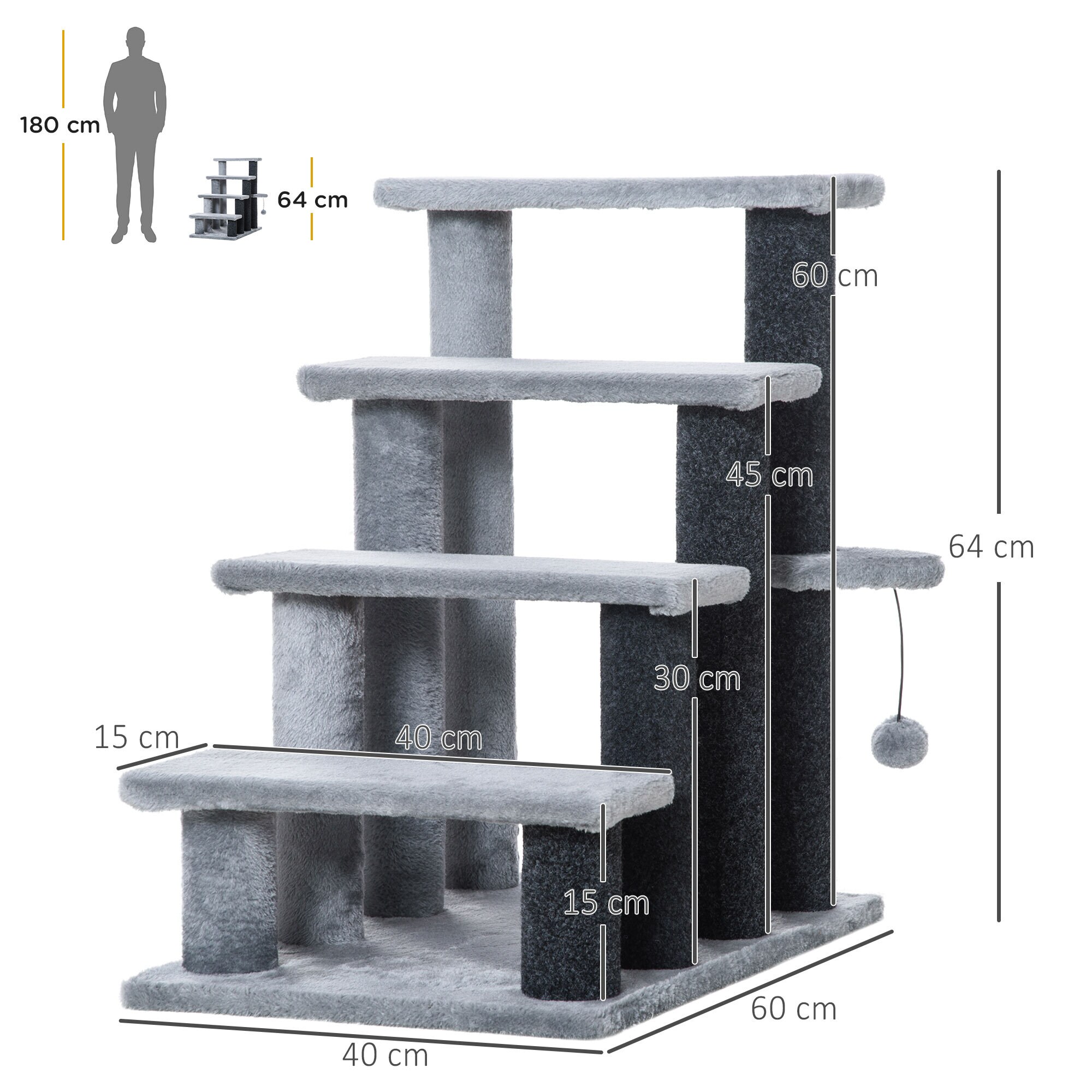 PawHut Haustiertreppe mit Stufen grau 60L x 40B x 64H cm