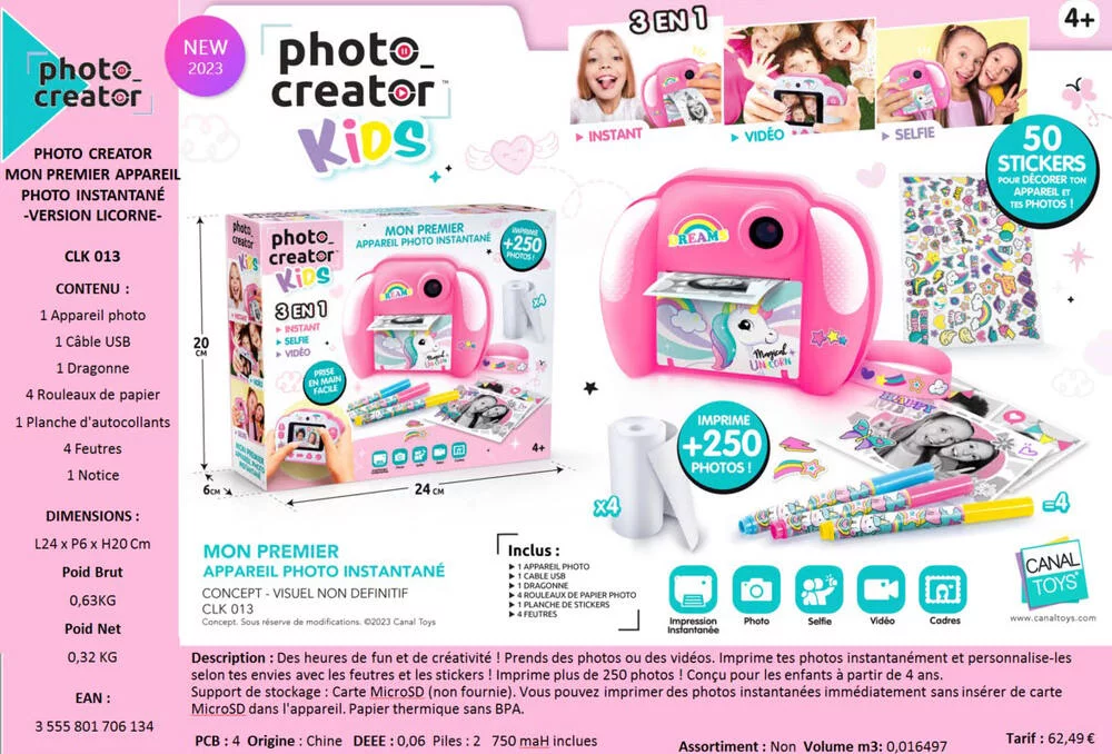 PHOTO CREATOR INSTANTANE JUNIOR LICORNE ROSE