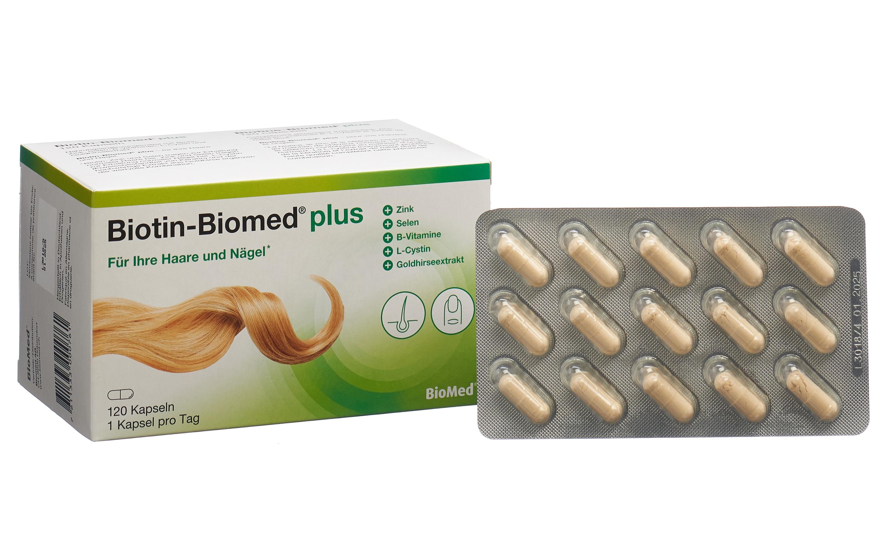 Biotin-Biomed plus 120 KapselnVegane Nahrungsergänzung für strahlende Haut und Haare