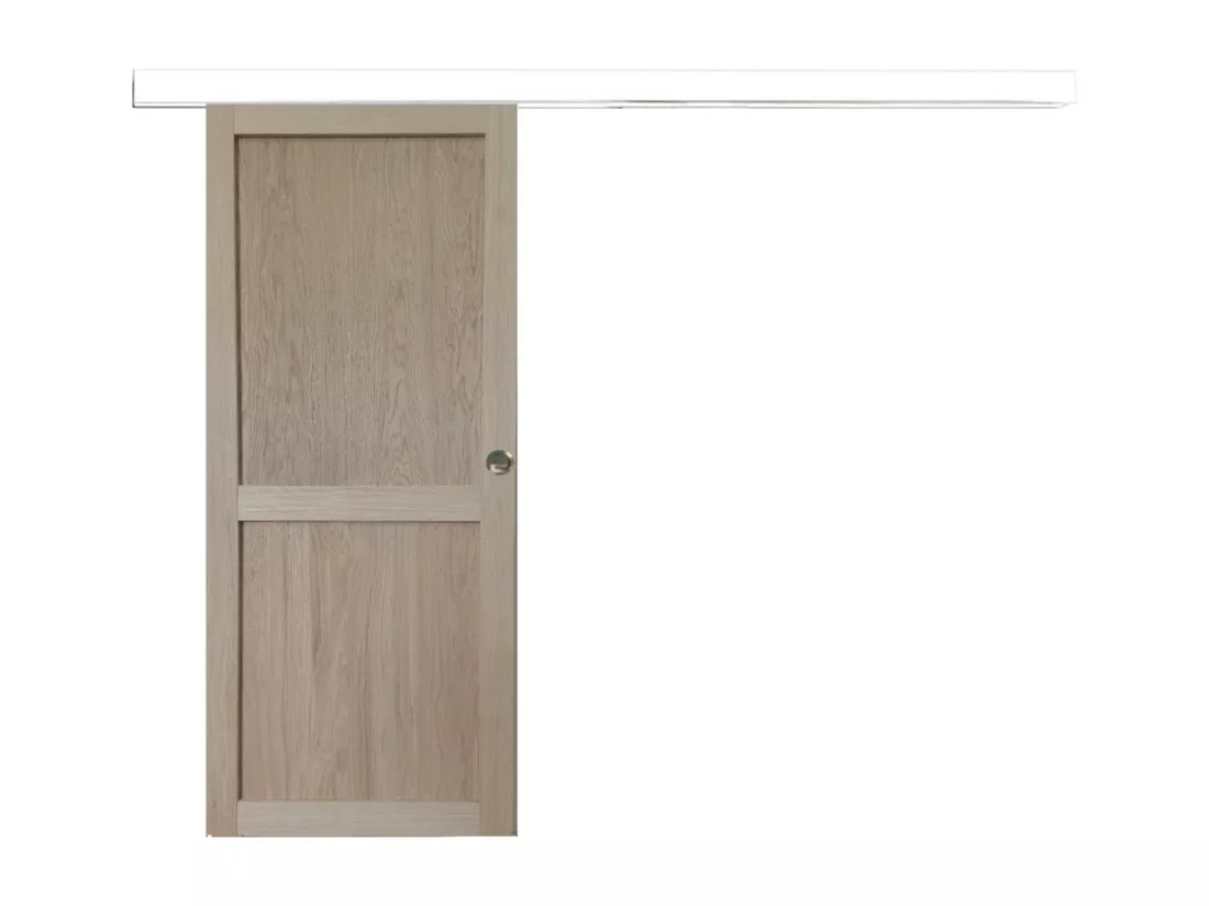 Porte Coulissante Atelier 2 Panneaux Chene H204 X L73 + Rail Alu Bandeau Blanc Et 2 Coquilles Gd Menuiseries
