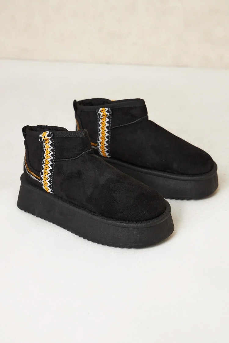 Bottine noire chausson en velours compensé montant à motif