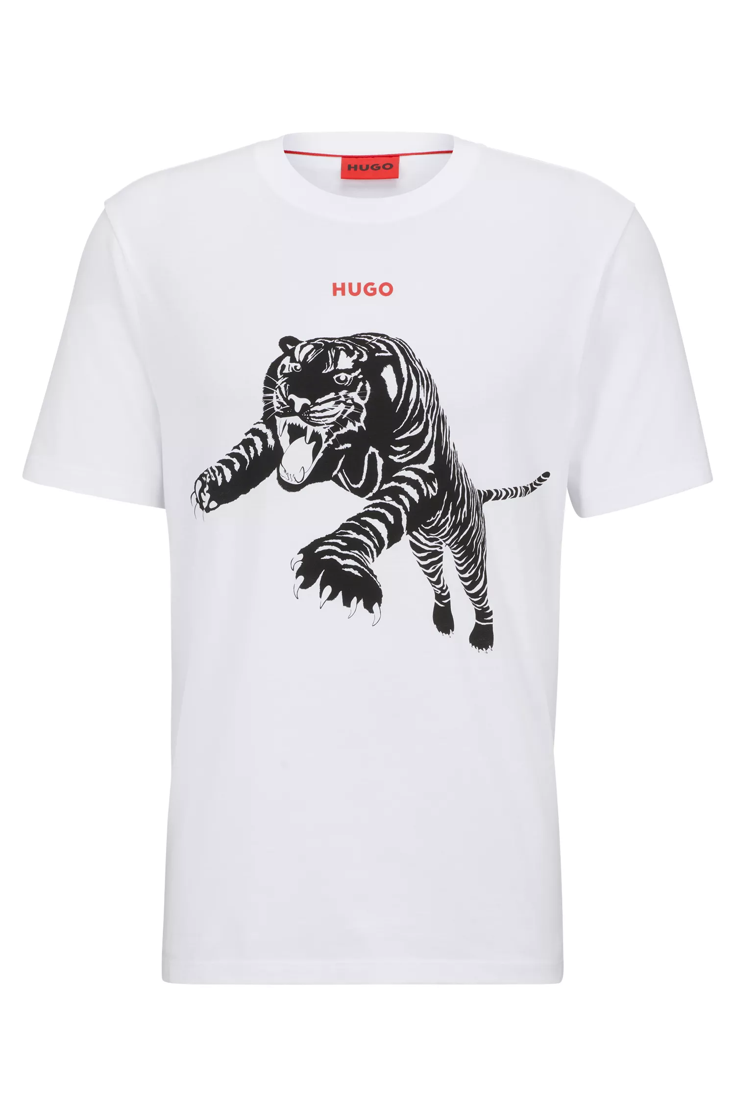 Camiseta HUGO vermelha em malha de algodão com estampa e logotipo.