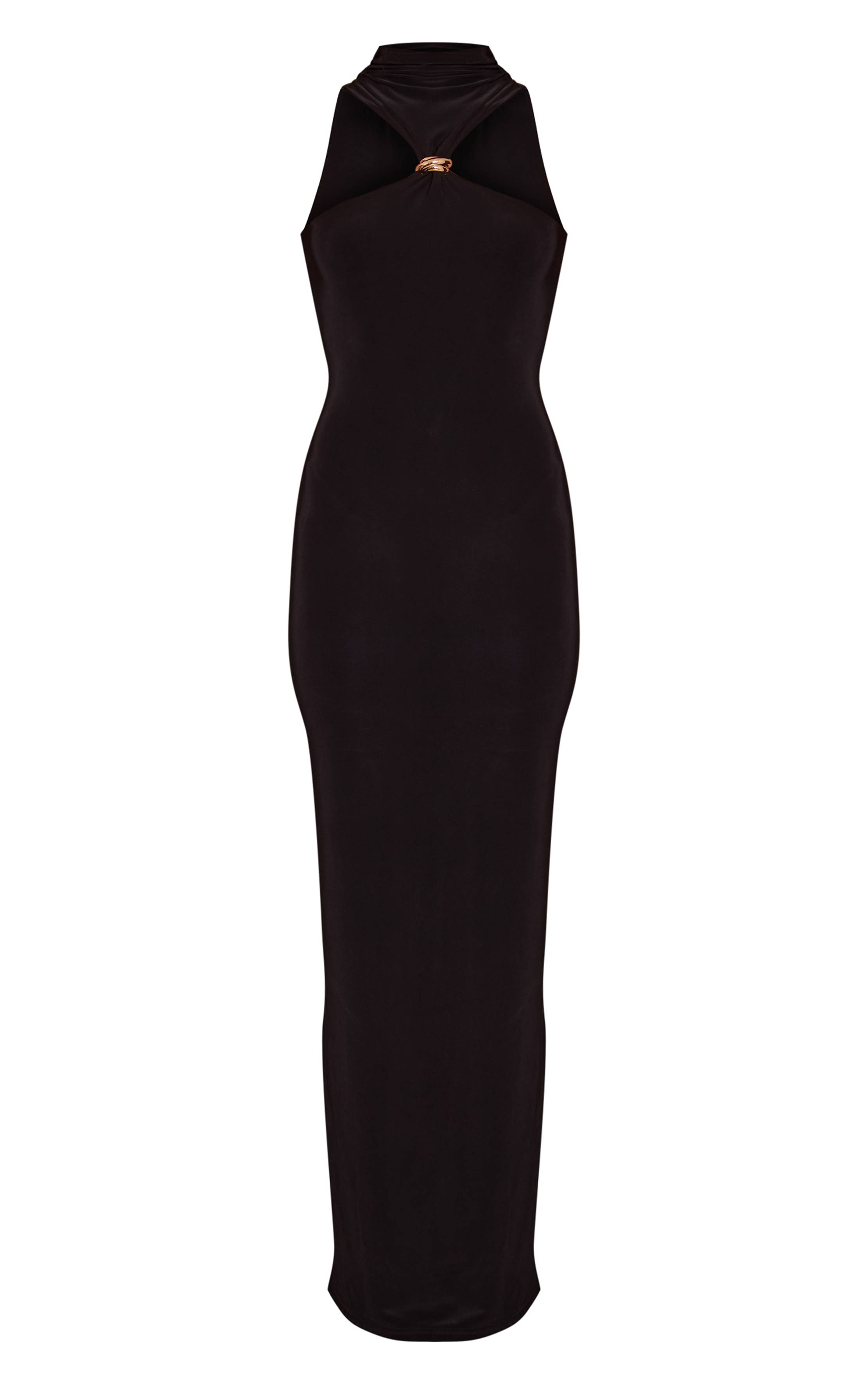 Noir Robe Longue Moulante À Double Couche Col Montant Avec Détail De Finition