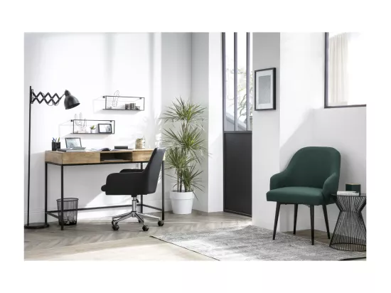 Chaise de bureau à roulettes en tissu bleu canard et acier chromé SHANA