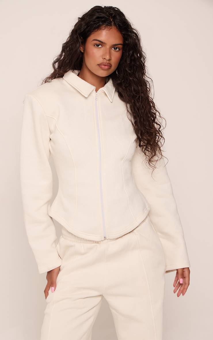 Crème Veste Sweat Zippée Cintrée À Épaules Rembourrées