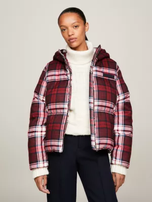 Jaqueta puffer New York com estampa xadrez tartan reciclada