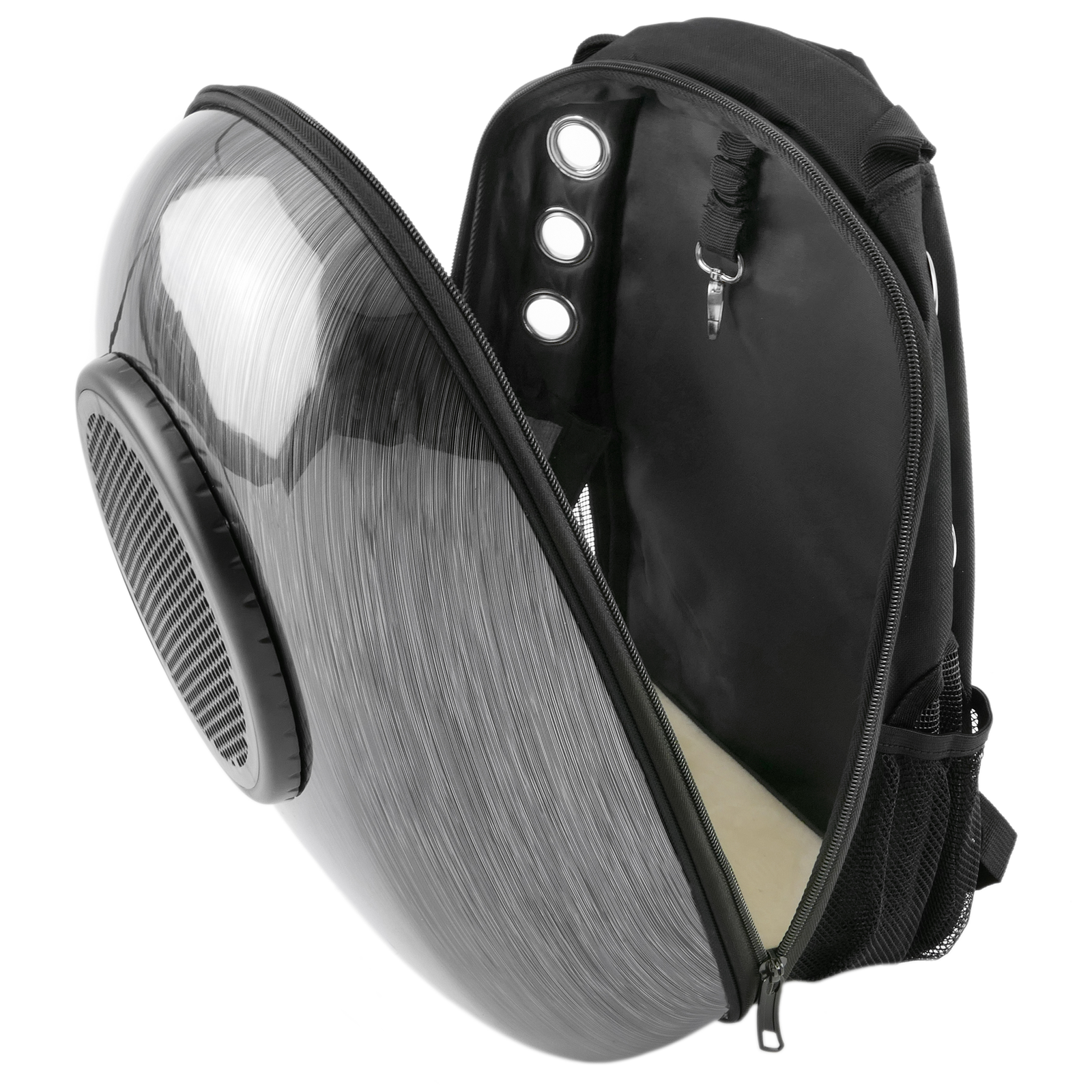 Mochila transportadora para animais de estimação, para cães e gatos, em plástico rígido, cinza.