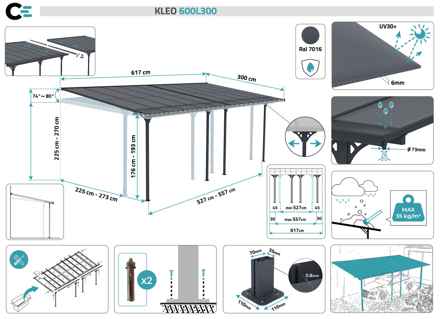 Aangebouwde pergola/carport 18m² KLEO 600L300 aluminiumgrijs