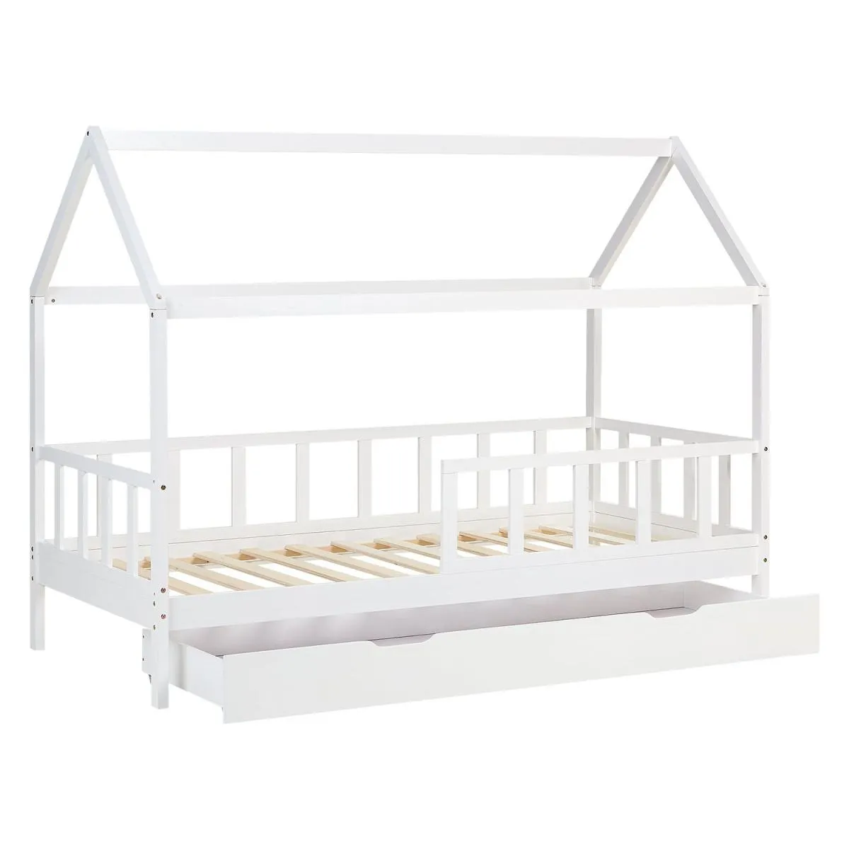 Homestyle4U Lit cabane 90x200 cm avec tiroir et barrières