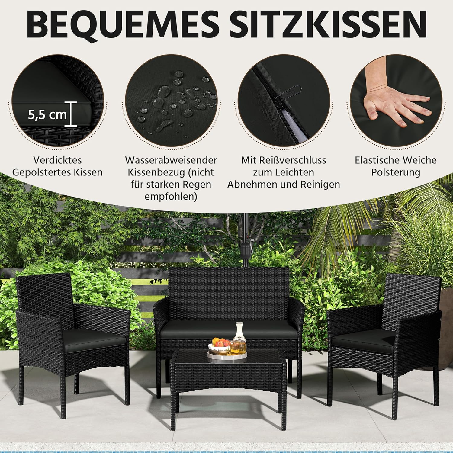 Yaheetech 4-er Gartenmöbel Set Balkonmöbel Set aus Polyrattan Terassenmöbel Außen mit 2er Sofa, 2 Stühle, Tisch & Sitzkissen für Terrasse/Balkon/Garten, Schwarz & Grau