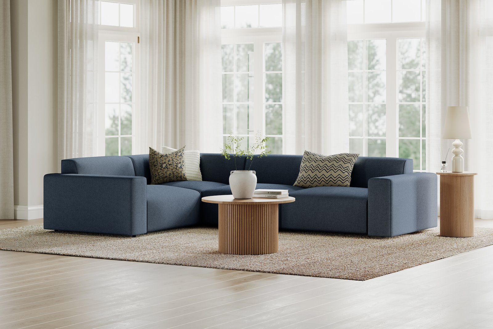 Styl hjørnesofa 1,5/3 hjørnesofa duo puter. Tekstil Lombardo 16/2 Dark Blue med sorte ben.