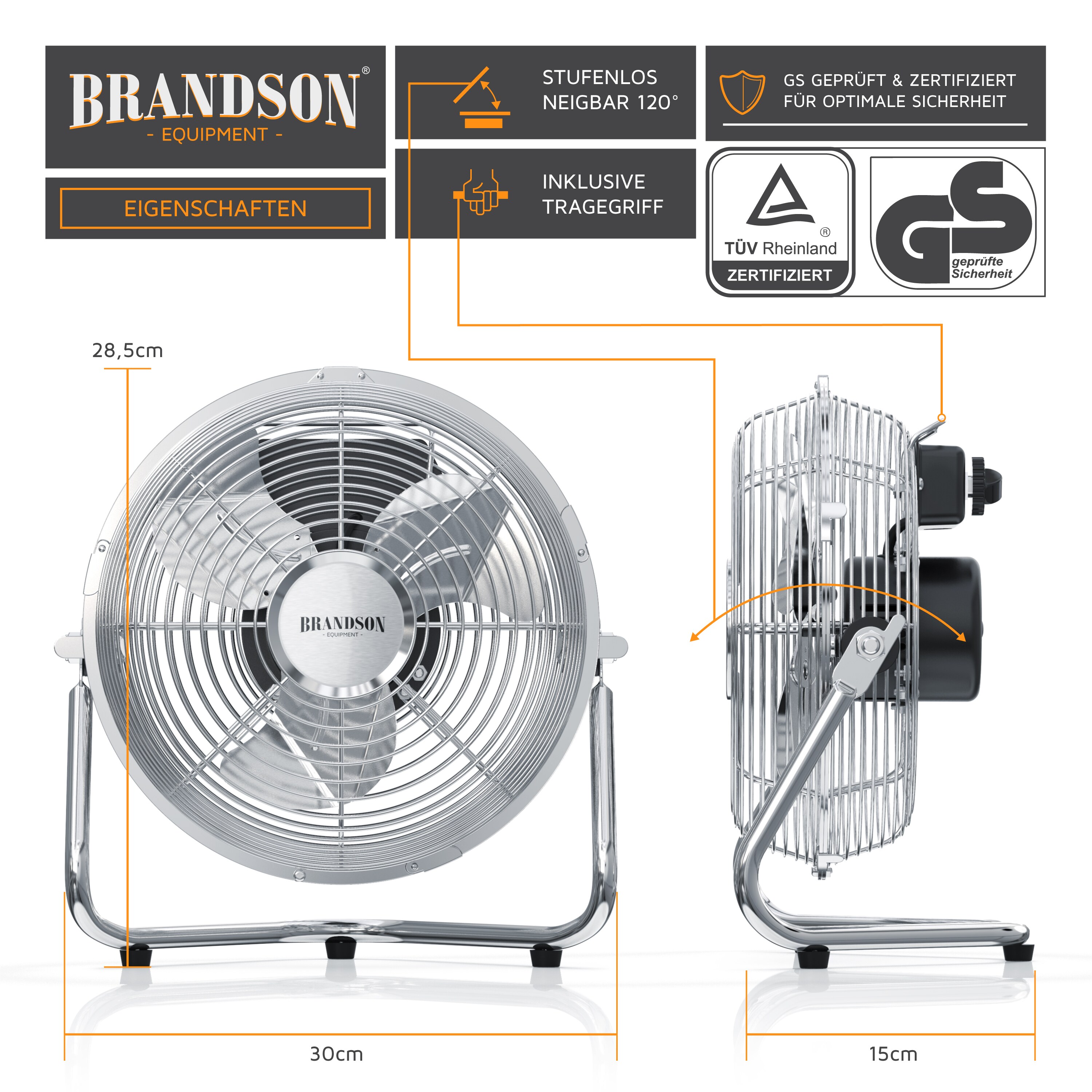 Brandson Retro Bodenventilator 32W, Windmaschine im Chrom Design, Ventilator, 3 Geschwindigkeitsstufen, Standventilator, Tischventilator