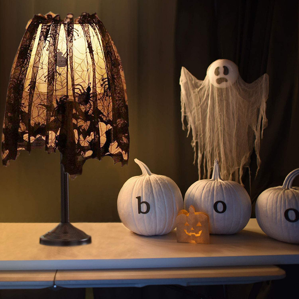 (20-tlg. Set) Spinnen Netz Halloween Party Accessoire Deko Tischtuch / Tischläufer / Fledermäuse / Lampenschirm / Türvorhang - Schwarz