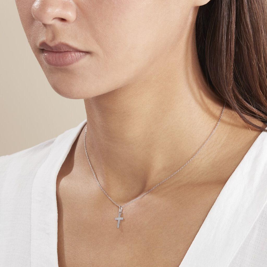 Pendentif Bathilde Croix Striee Or Blanc
