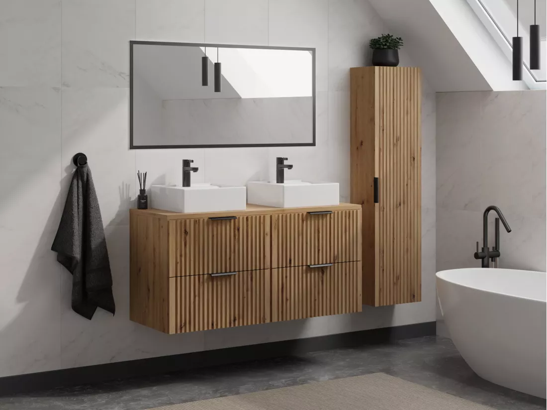 Meuble de salle de bain suspendu strié avec vasque à poser et colonne - Naturel clair - 120 cm - ZEVARA