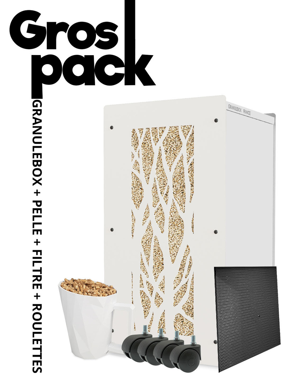 Rangement à pellets avec accessoires arbre blanc 55kg