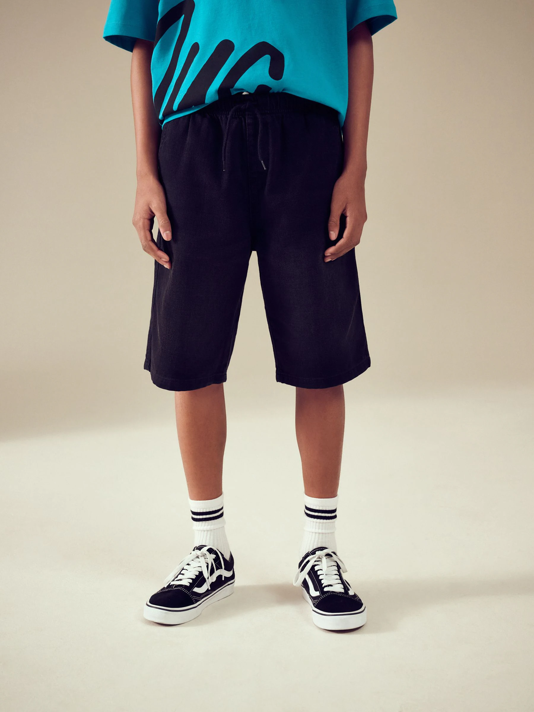 Zwart - Bermuda denim shorts met elastische taille (3 - 16 jr)